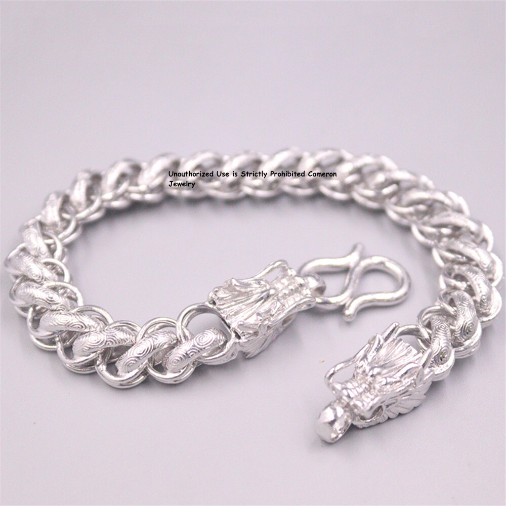 Pure S999 Fine Silver Link Chain Men 10mm Dragon Thailand Bracelet 34-35g 8.3in