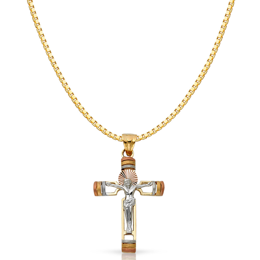 14K Tri Color Gold Religious Crucifix Charm Pendant & 1.2mm Box Chain Necklace