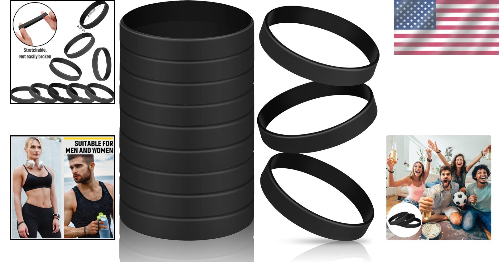 12 Solid Color Silicone Bracelets – Customizable Black Wristbands for All Ages