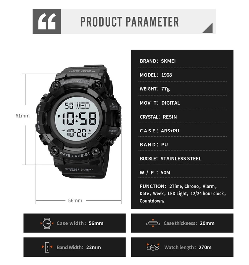 SKMEI Sport Watches Men Outdoor Digital Watch LED Alarm Stopwatch Boy Wristwatch