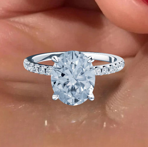 14k White Gold Fancy Vivid Blue IGI Lab Created Diamond Ring 2.75 Carat Oval Cut
