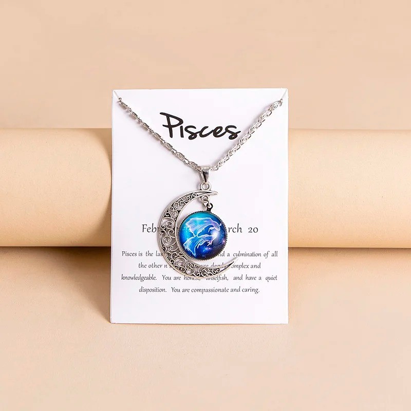 Moon Shaped Zodiac Sign Necklace Horoscope Astrological Pendant with 17″ Chain