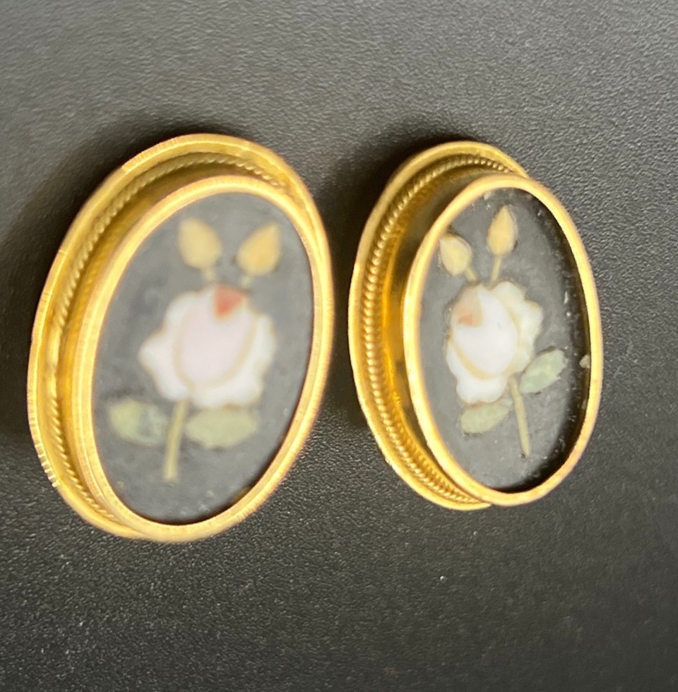 Antique Pietra Dura Floral 18K Yellow Gold Clip Earrings Marked “750”
