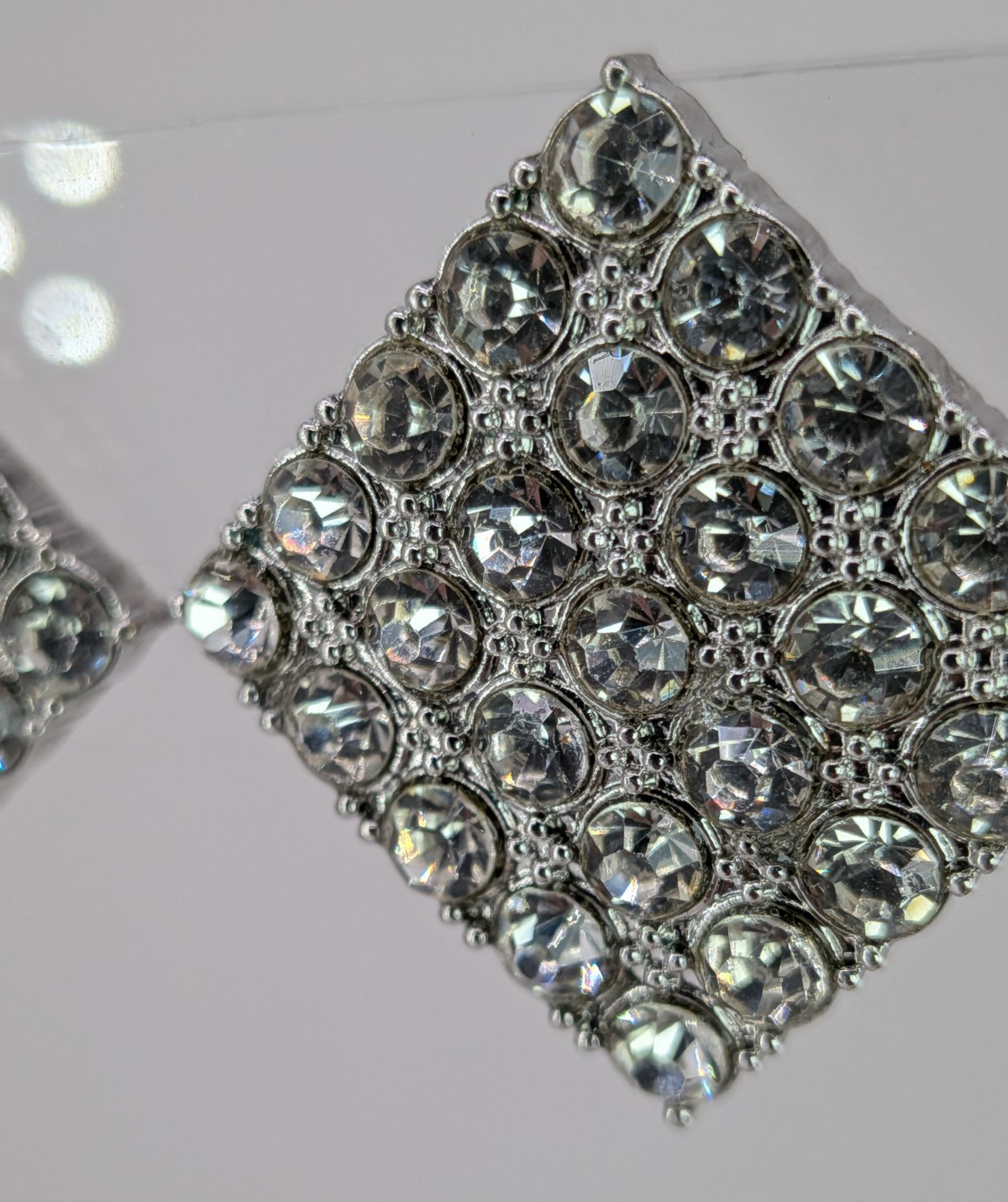 Vintage Rhinestone Stud Earrings Silver Tone Diamond Square Pave 15/16in Clear