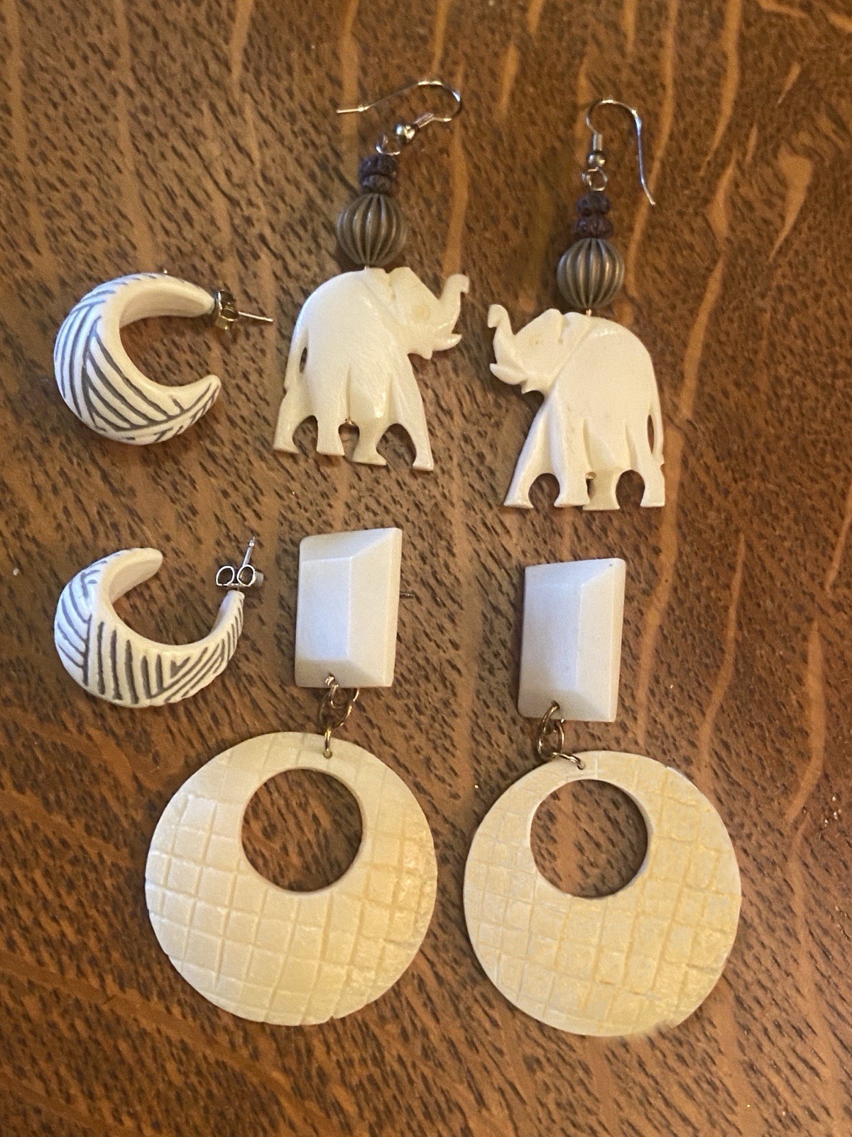 3 Pairs Vintage Carved Earrings Cuff Hoop Dangle Drop Elephant Faux Ivory Textur