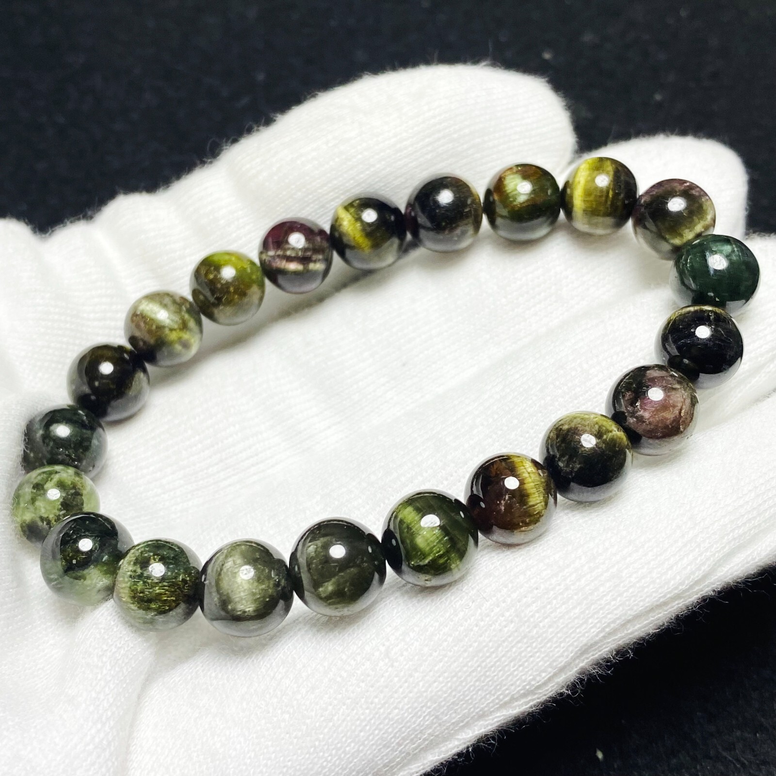 9.2mm Natural Color Tourmaline Cat’s Eye Quartz Crystal Beads Bracelet C1487