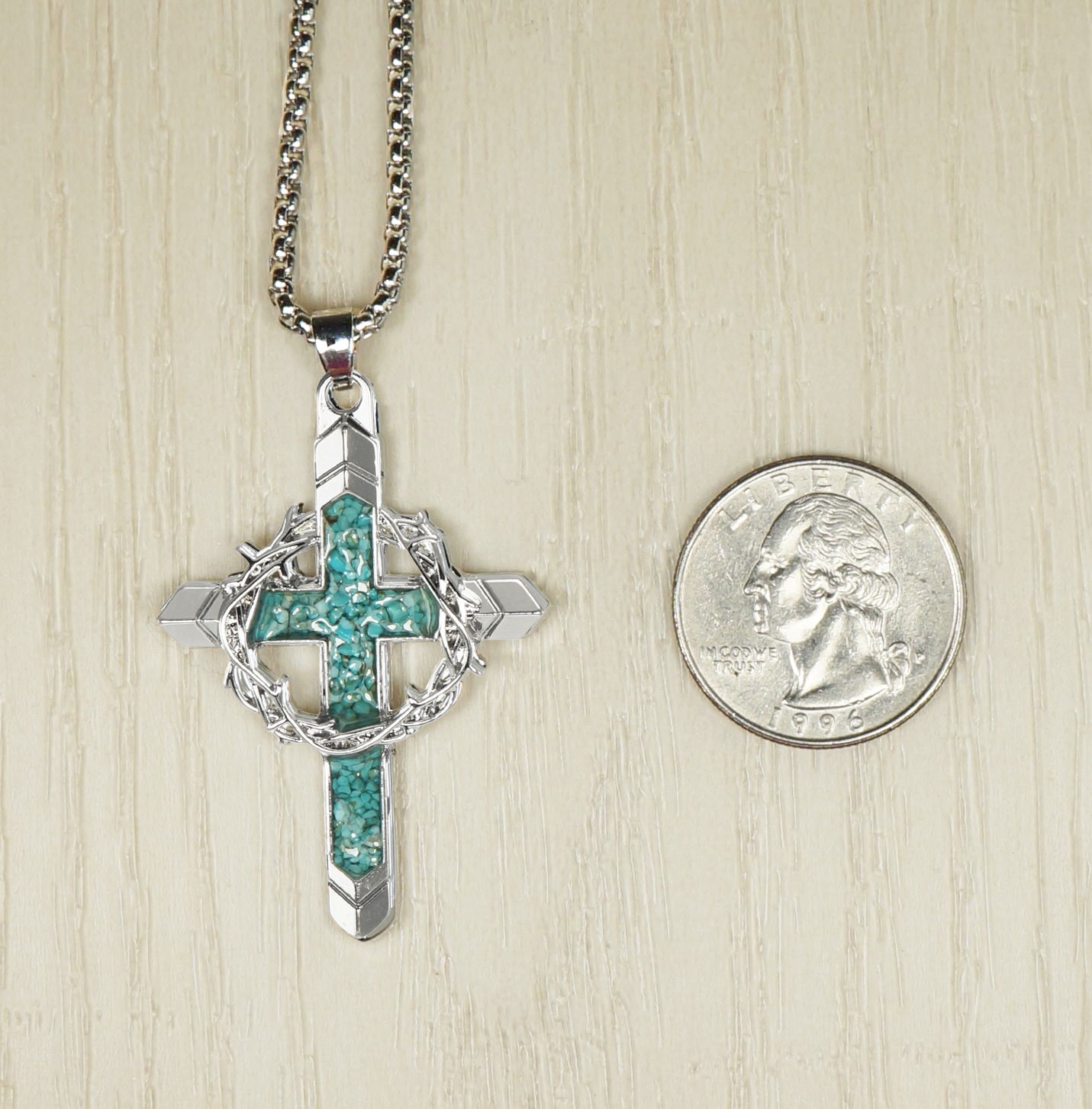 Silver Cross & Crown of Thorns Pendant Turquoise Inlay, Stainless Steel Chain