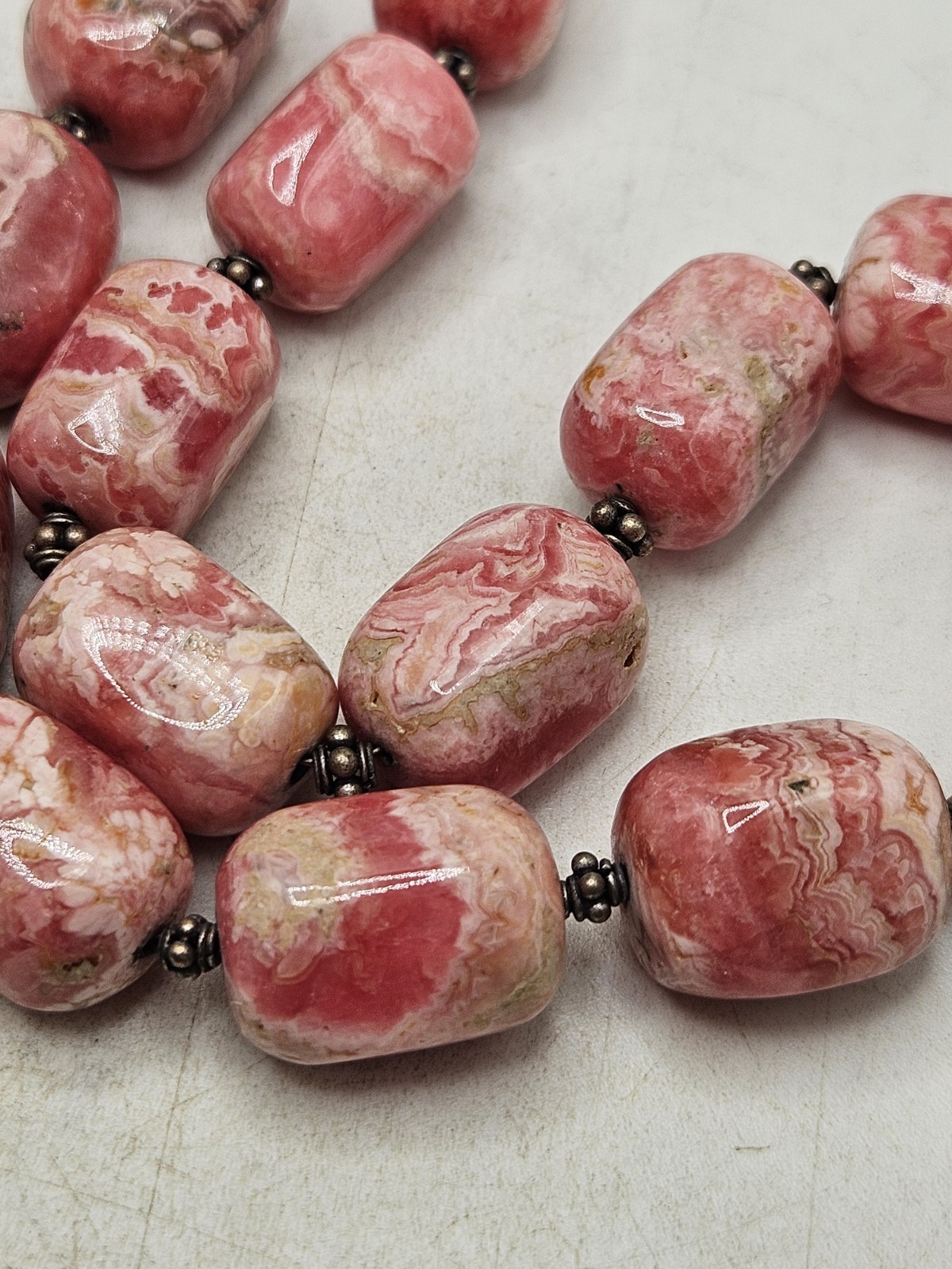 Hand Crafted Rhodochrosite Chunky Beaded Statement Necklace W/ Sterling…