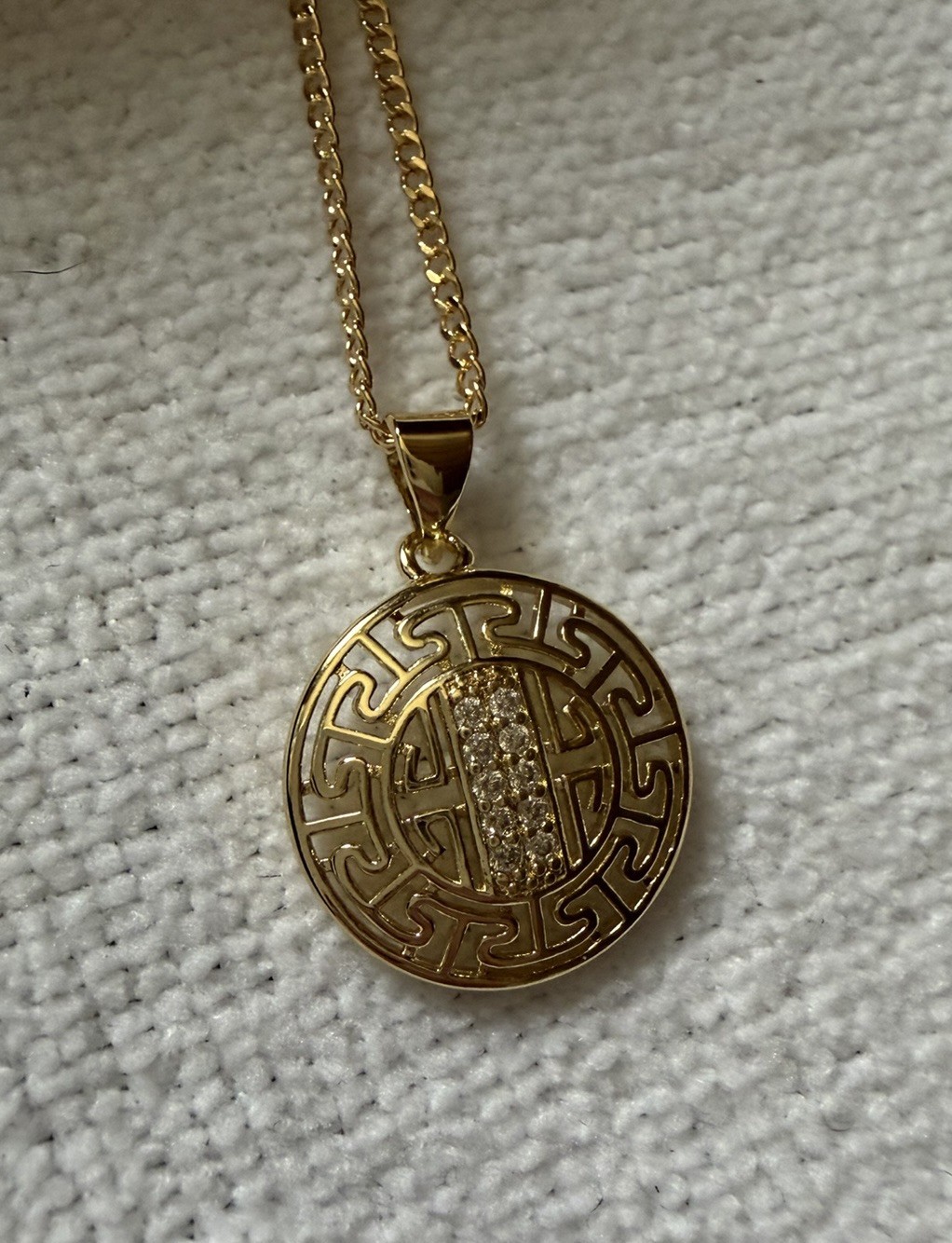 18” Greek Key Pendant Necklace; 18k Gold Filled with BZL GF stamped micro Cuban