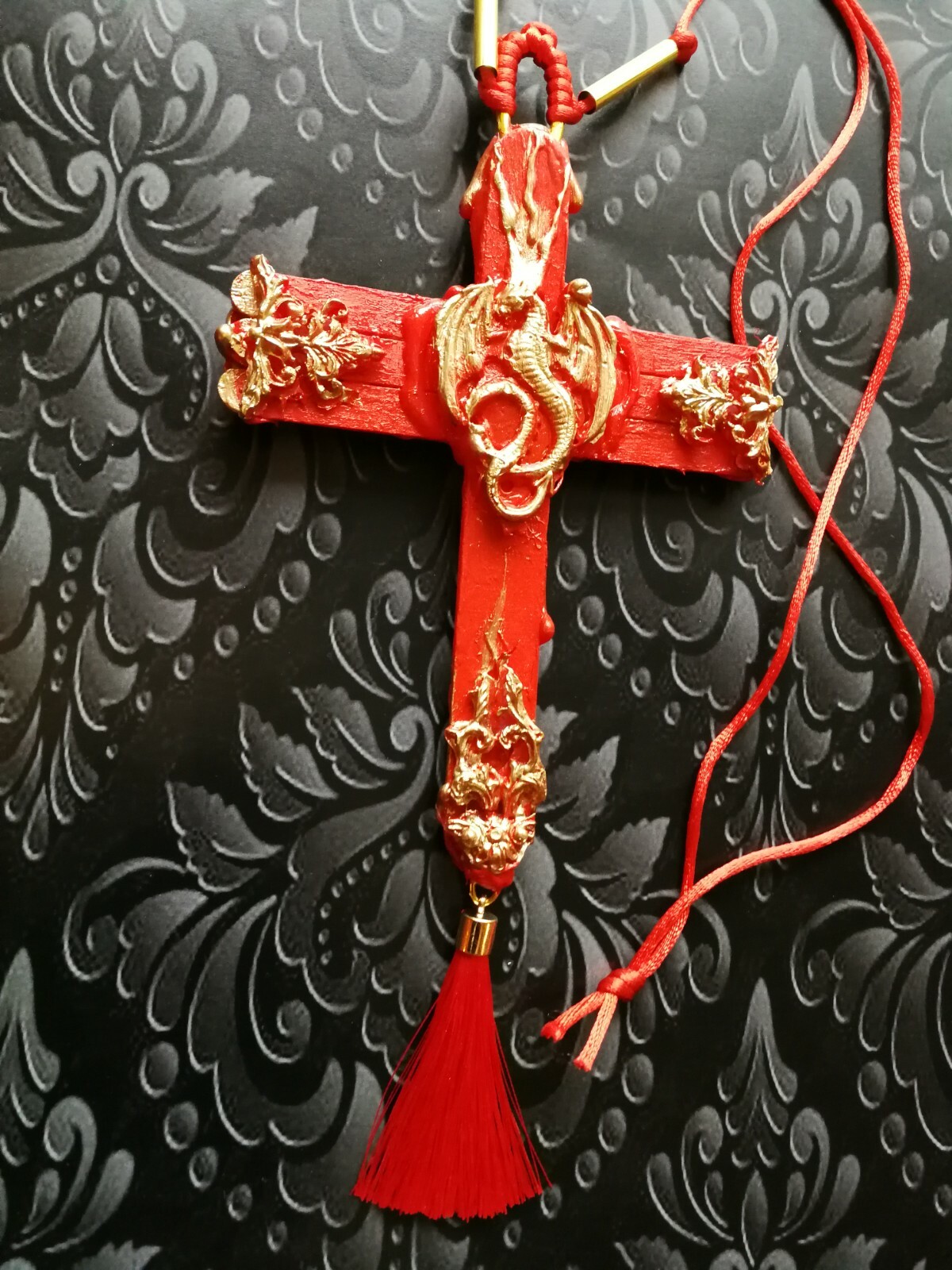 red dragon rouge cross crucifix wood witch pendant magical talisman pagan gothic