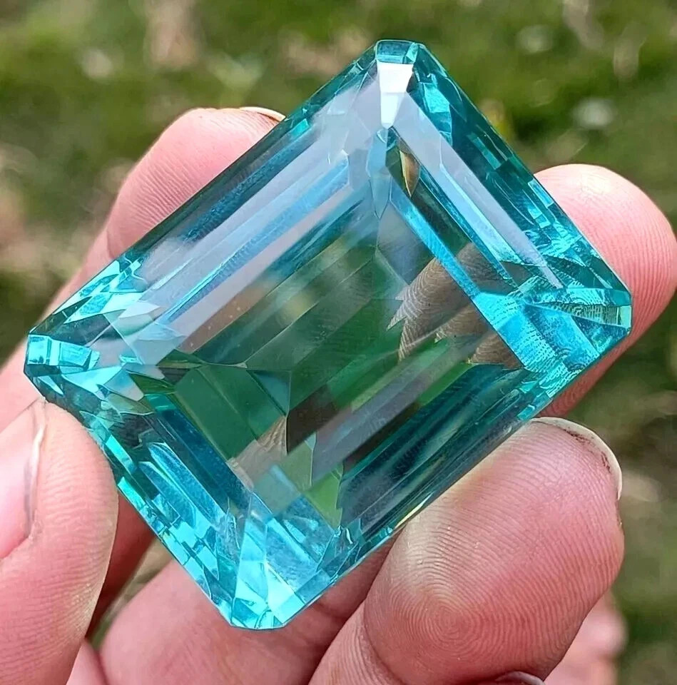 120 CT Flawless Sky Blue Aquamarine Emerald Cut Certified Loose Gemstone