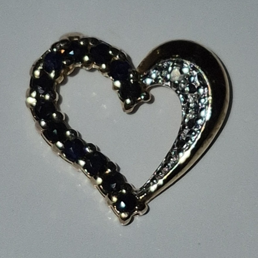 Gold Heart Charm Pendant w/ Round Blue & Clear Stones, Prong Set