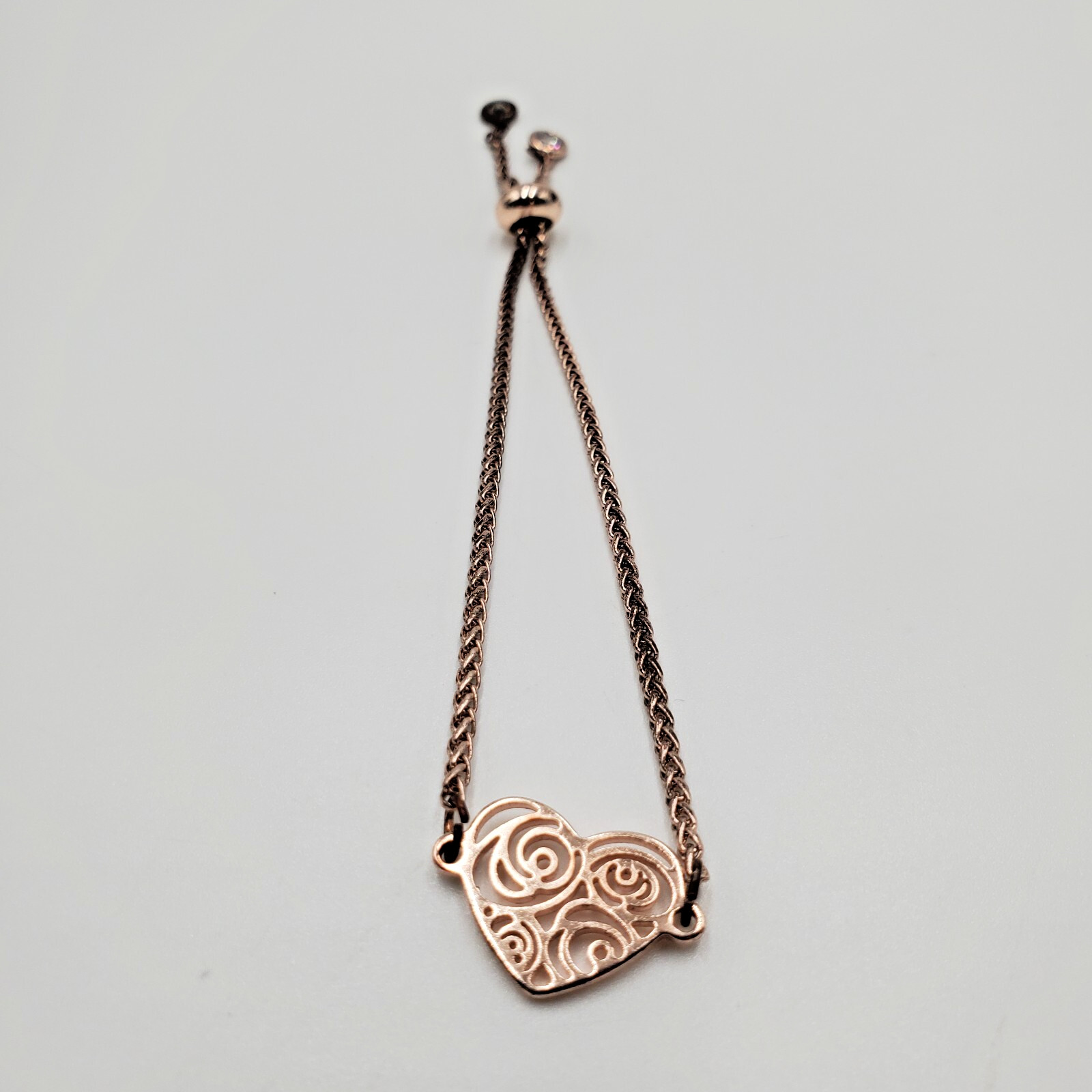 Open Scroll Heart Bracelet Up to 8 inch Adjustable Rose Gold Rope Chain Slide