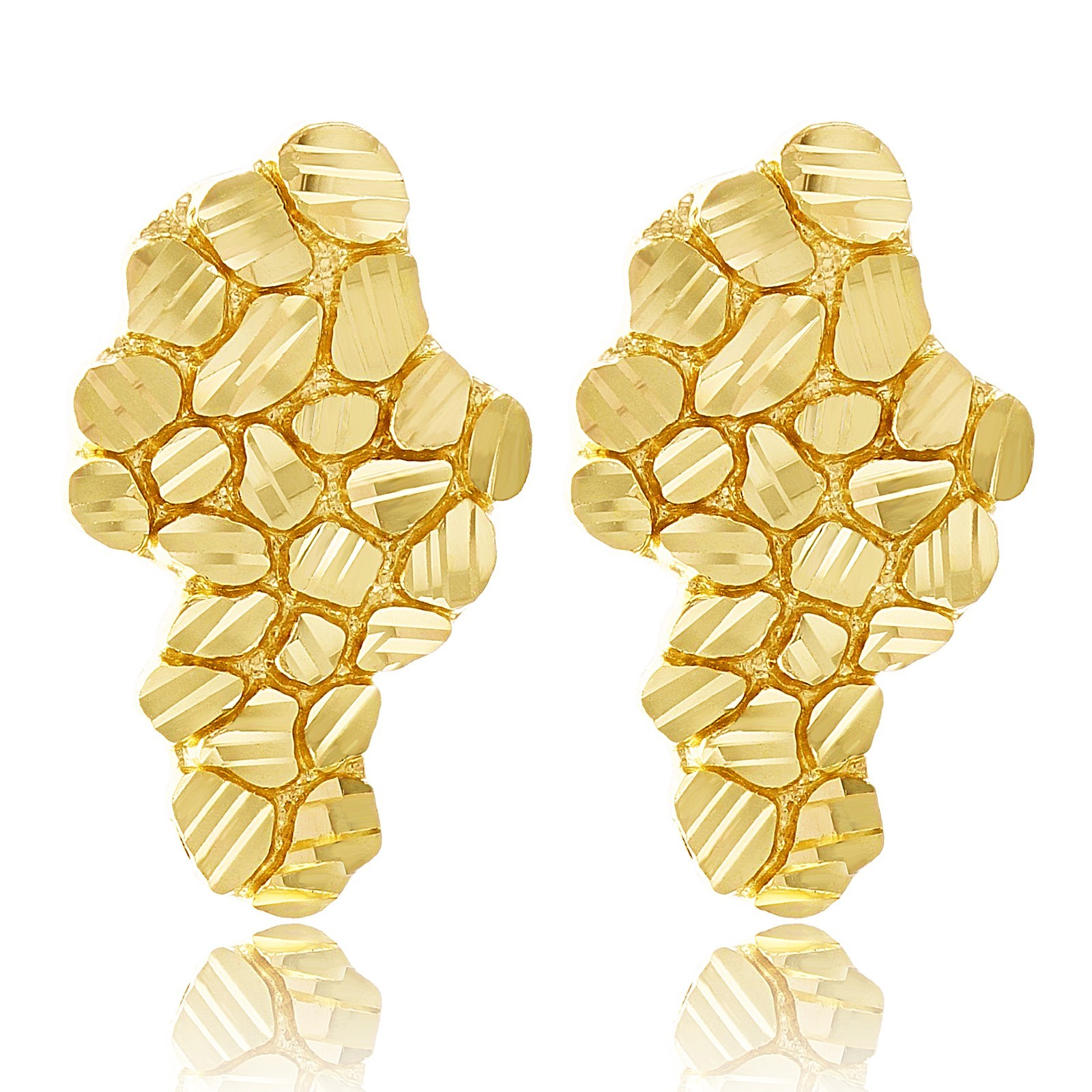 10k Yellow Gold Diamond Cut Nugget Free Form Earrings 23mm x 13.7mm 3.6 grams
