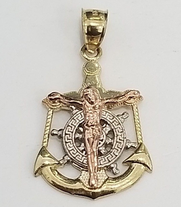 Real 10k Tri Tone Gold Anchor Jesus Cross Wheel Pendant Charm 20″ Rope Chain Set
