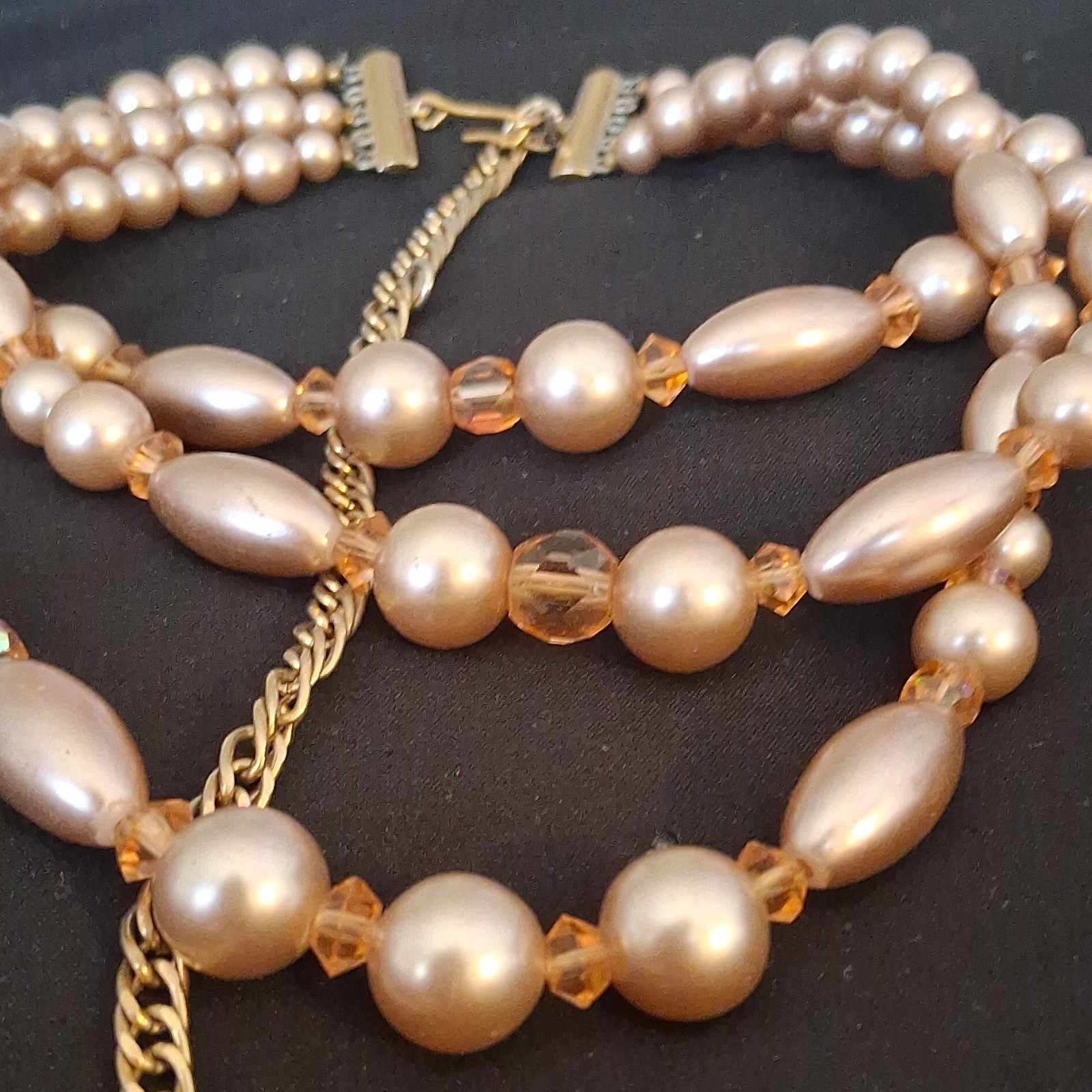 Multi-Strand Beaded Necklace Champagne Imitation Pearl Crystal Gold Curb Chain