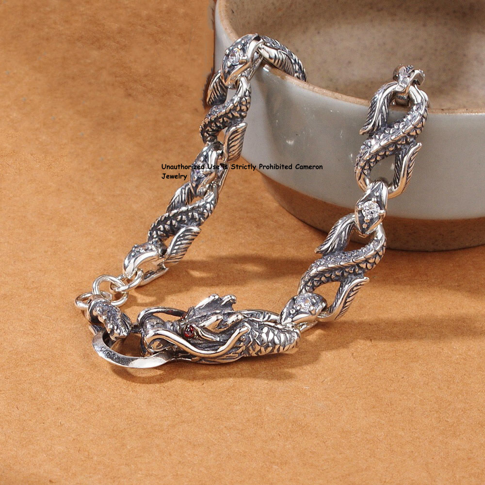 Pure S925 Sterling Silver Chain Men Women 4mm Dragon Link Bracelet 7.1-7.9in