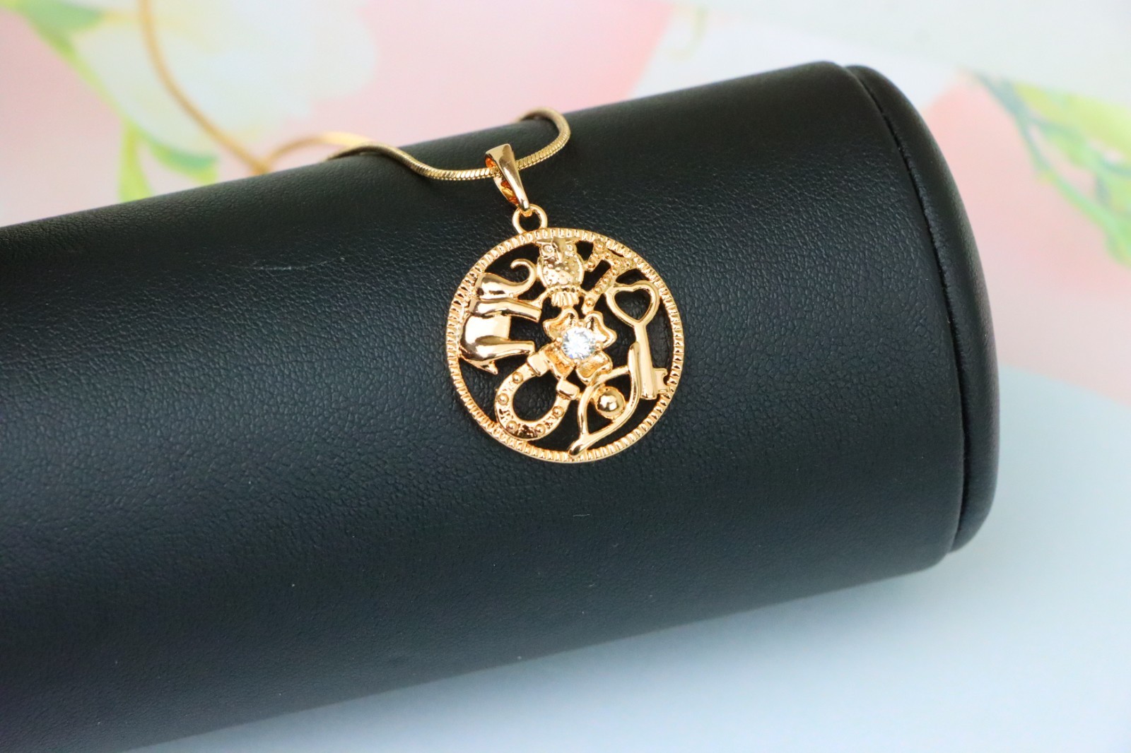 Round Rose Gold Pendant with Religious Motifs and Center Stone, XPPT1442