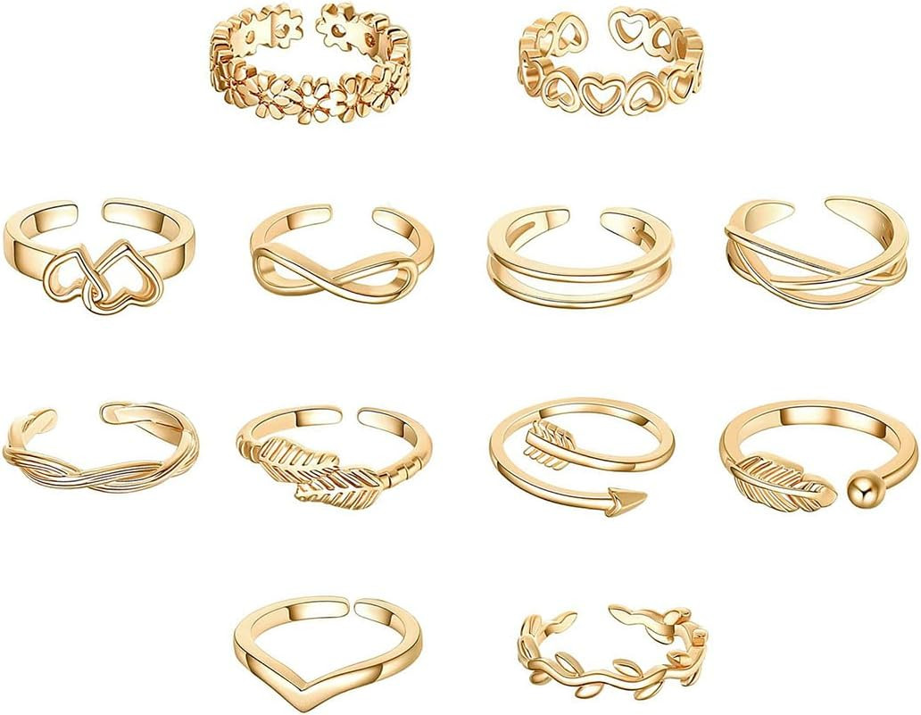 12PCS Toe Rings for Women 14K Gold/Silver Plated Adjustable Toe Ring Set Open He