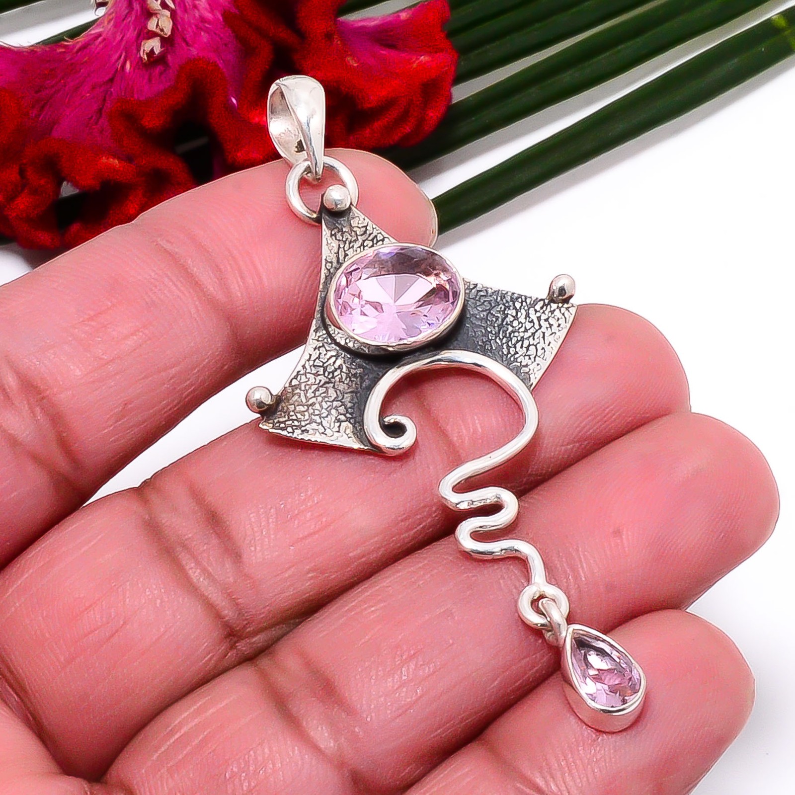 Pink Kunzite Oxidised 925 Sterling Silver Pendant 2.54″ Sku38, Christmas Gift