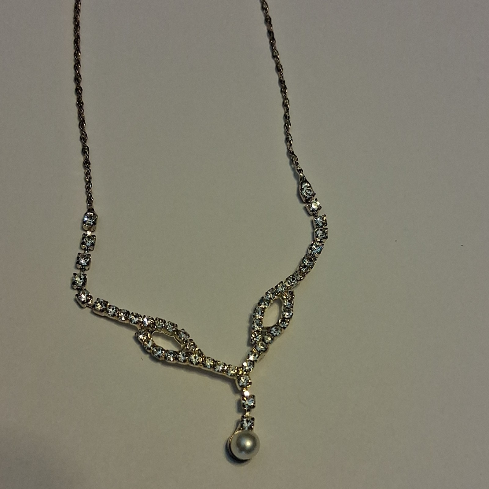 Silver Tone Crystal Round Charm Pendant Necklace Faux Pearl Drop Lobster Clasp