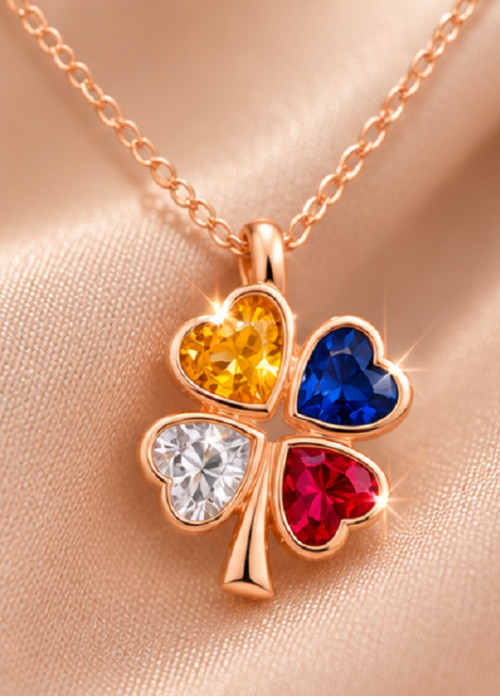 4ct Heart Simulated Pink Yellow Blue Sapphire/CZ Clover Pendant Rose Gold Plated