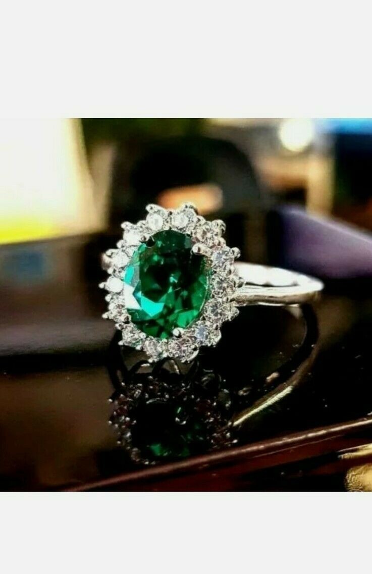 3.94 Ct Oval Cut Natural Emerald Diamond Wedding Engagement Ring 14K White Gold