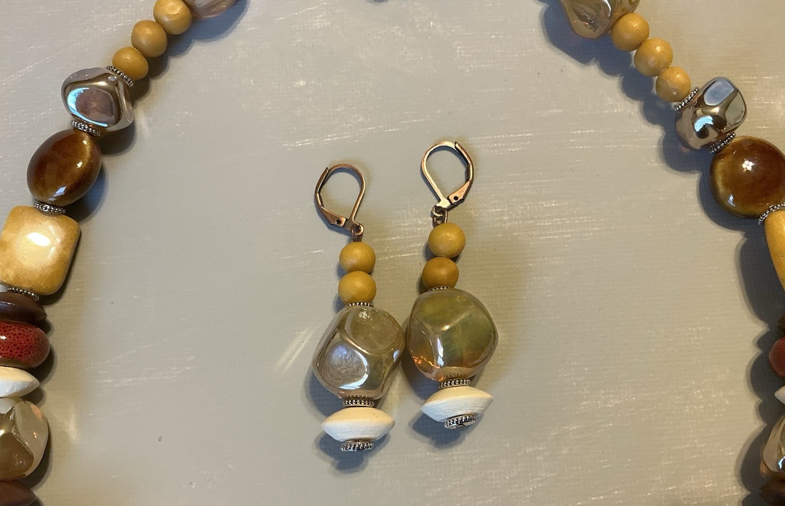 Chunky Stone Statement Necklace Earrings Set Earthy Boho Artisan Beaded Mixed