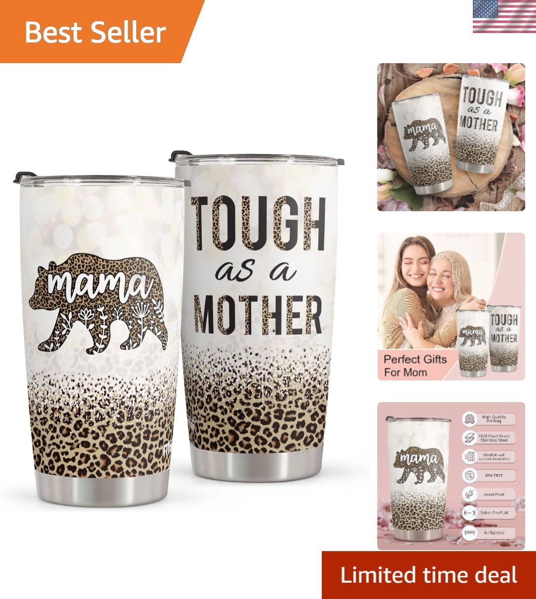 20oz Stainless Steel Bear Tumbler – Stylish Mother’s Day Gift in Leopard Print