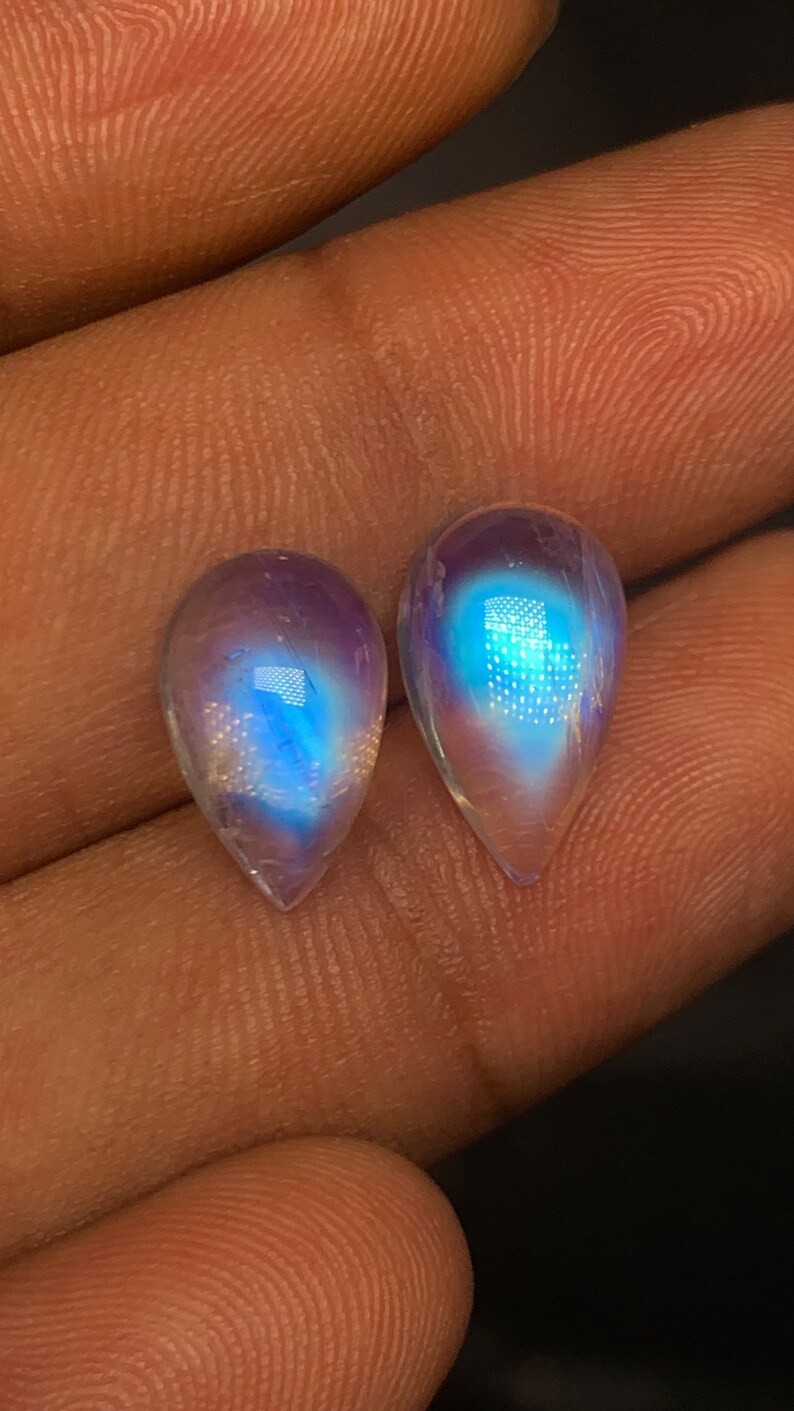 AAAAAA Quality Rainbow Moonstone Blue Fire Pear Shape Cabochon Size 9.5×14-9X15