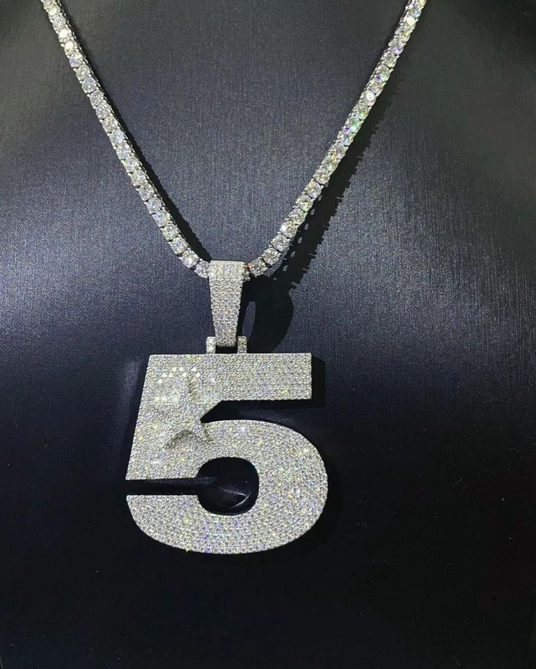 Real Moissanite Any Custom Number “5 STAR” Men’s Pendant IN 925 Sterling Silver