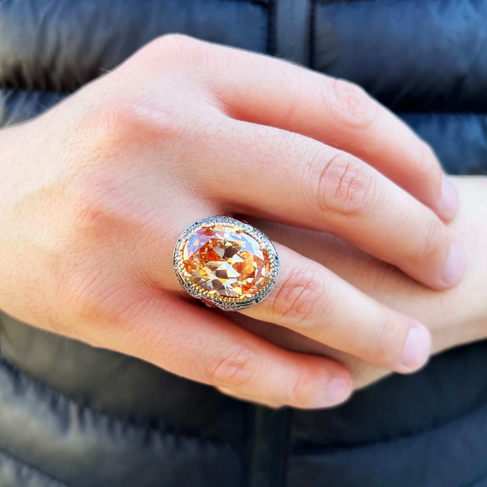 925 Sterling Silver Orange Citrine Stone Turkish Handmade Men’s Ring
