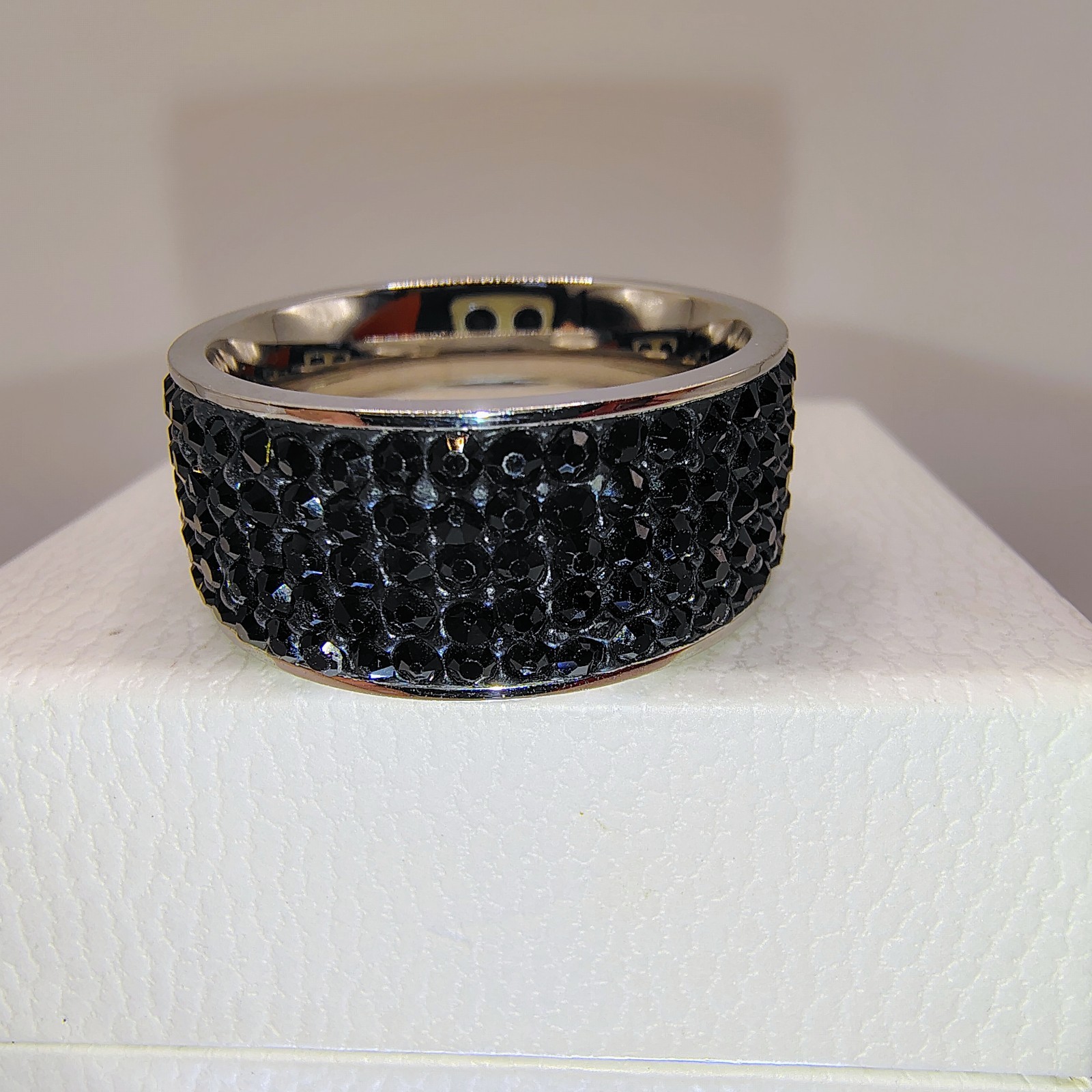 Black Crystal Pave Stainless Steel Band Ring Wide Sparkle Fashion Size 10.5