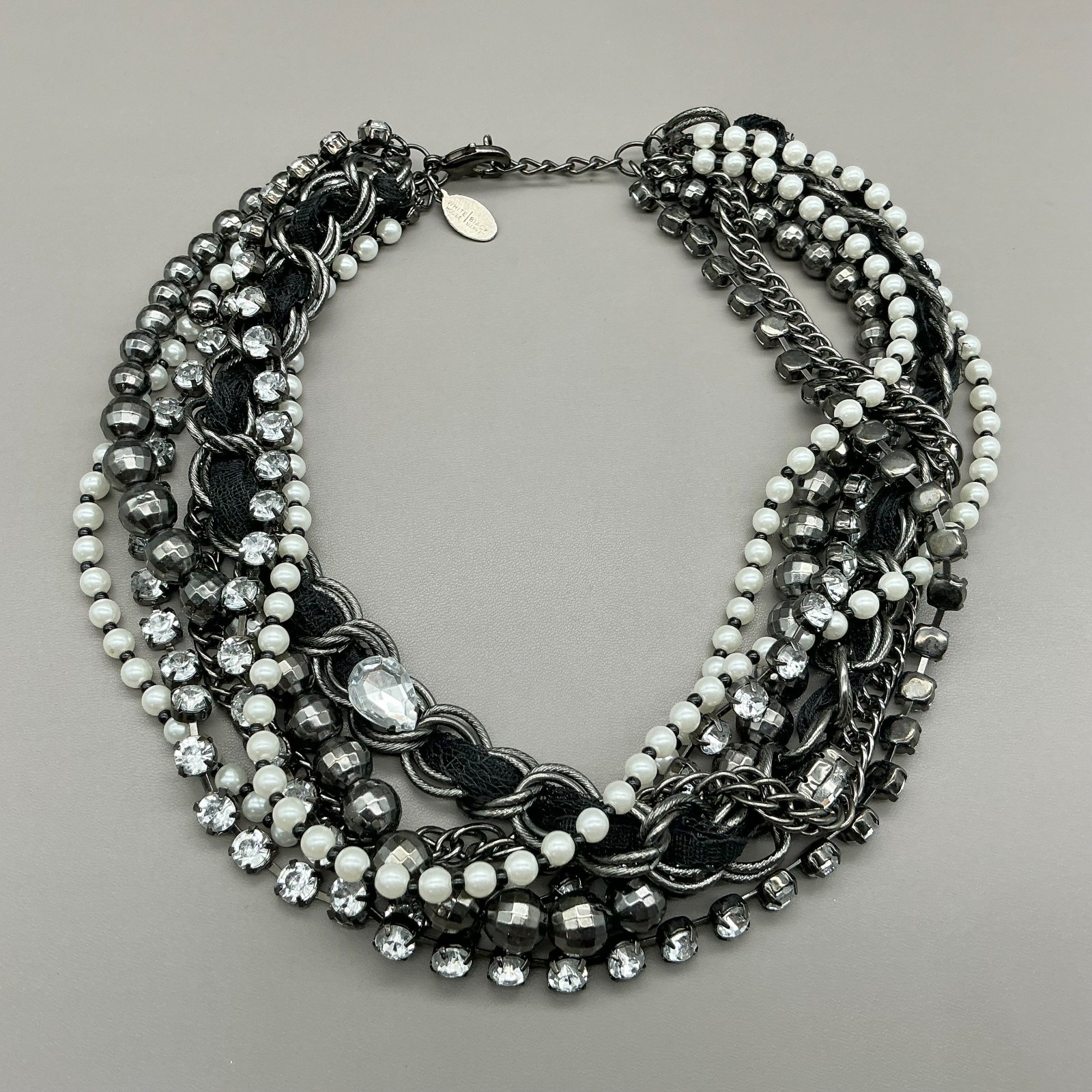 White House Black Market Necklace Gunmetal Faux Pearl Rhinestone Multi Strand