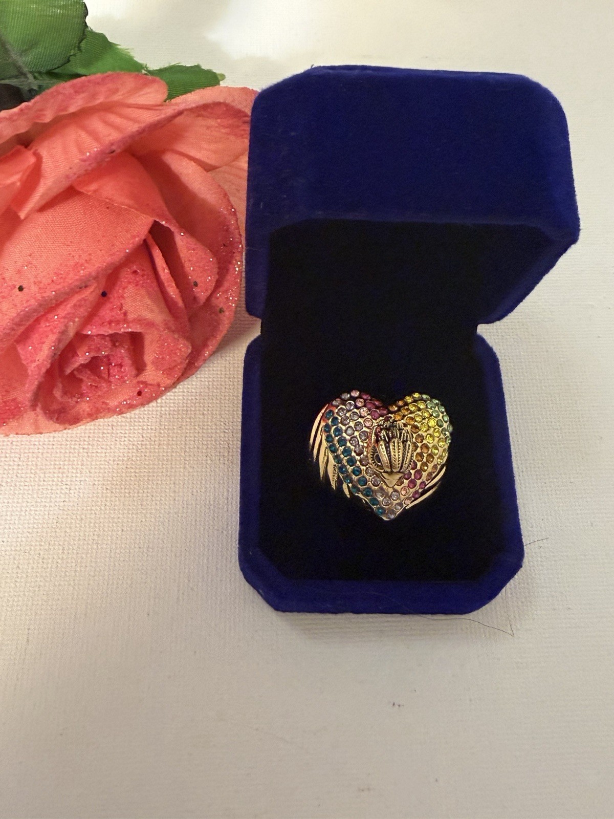 Kurt Geiger London Rainbow Pavé Signature Gold Tone Ring Size 9
