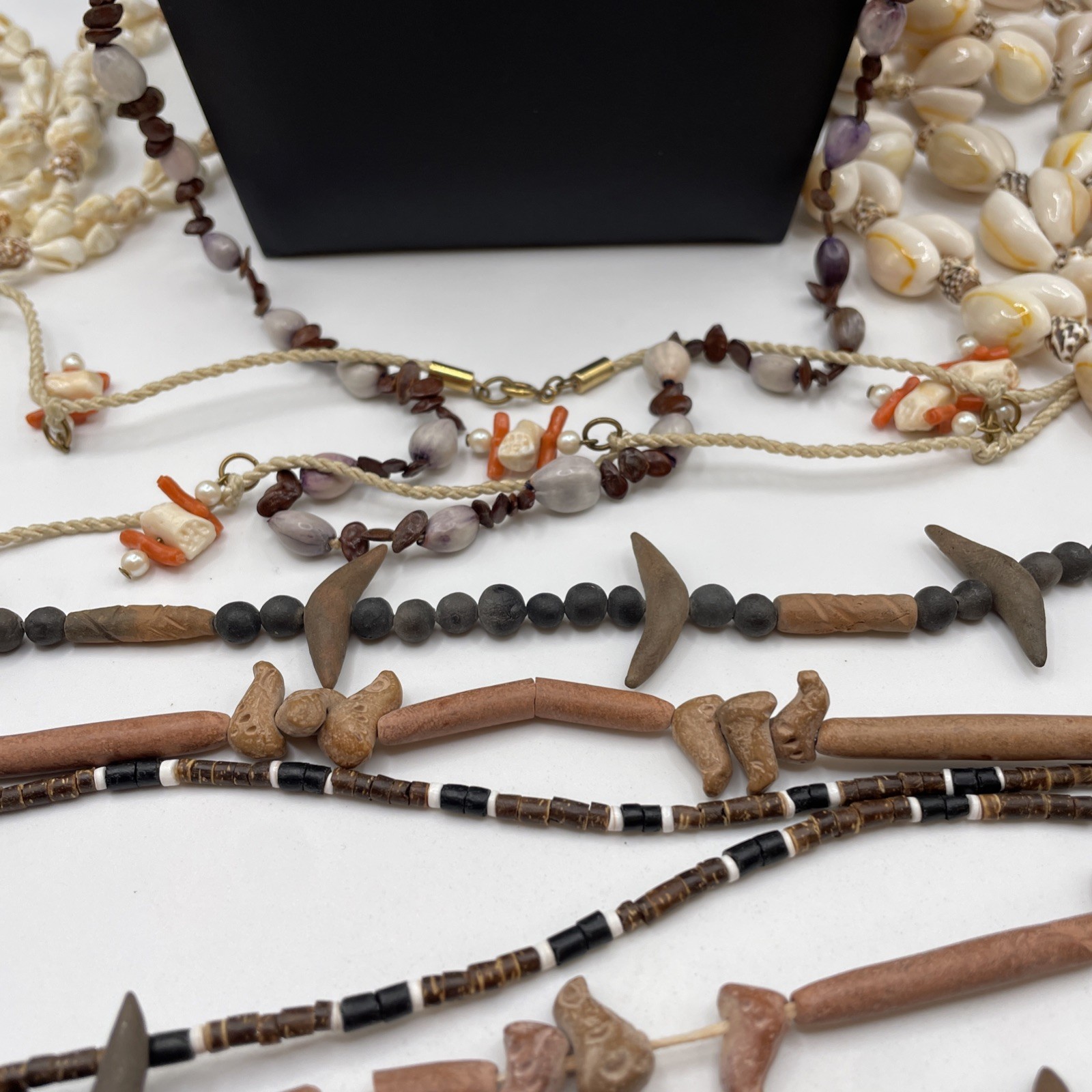 Necklace Lot Of 9 Misc Ethnic Estate Jewelry Shells Seeds Clay Beads Boho Funky