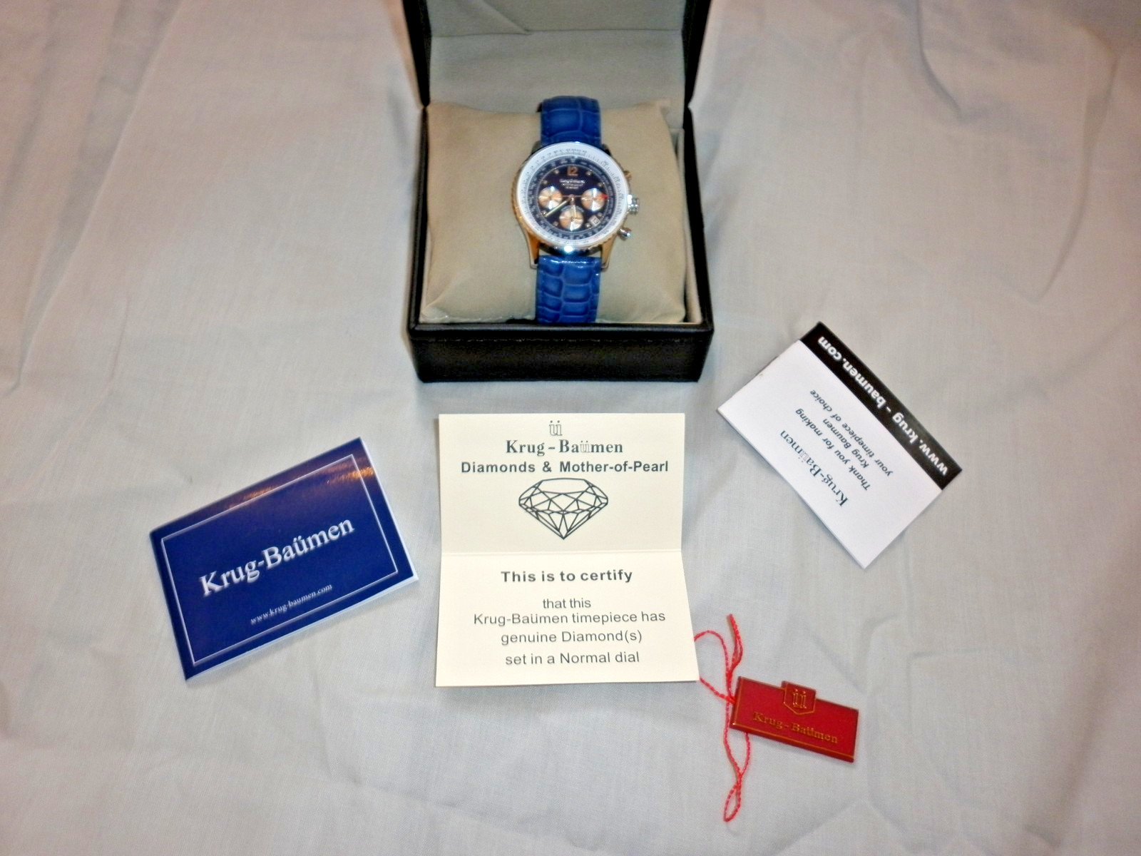 Krug Baumen Mens Air Traveller Diamond Silver – Blue Leather Watch with box