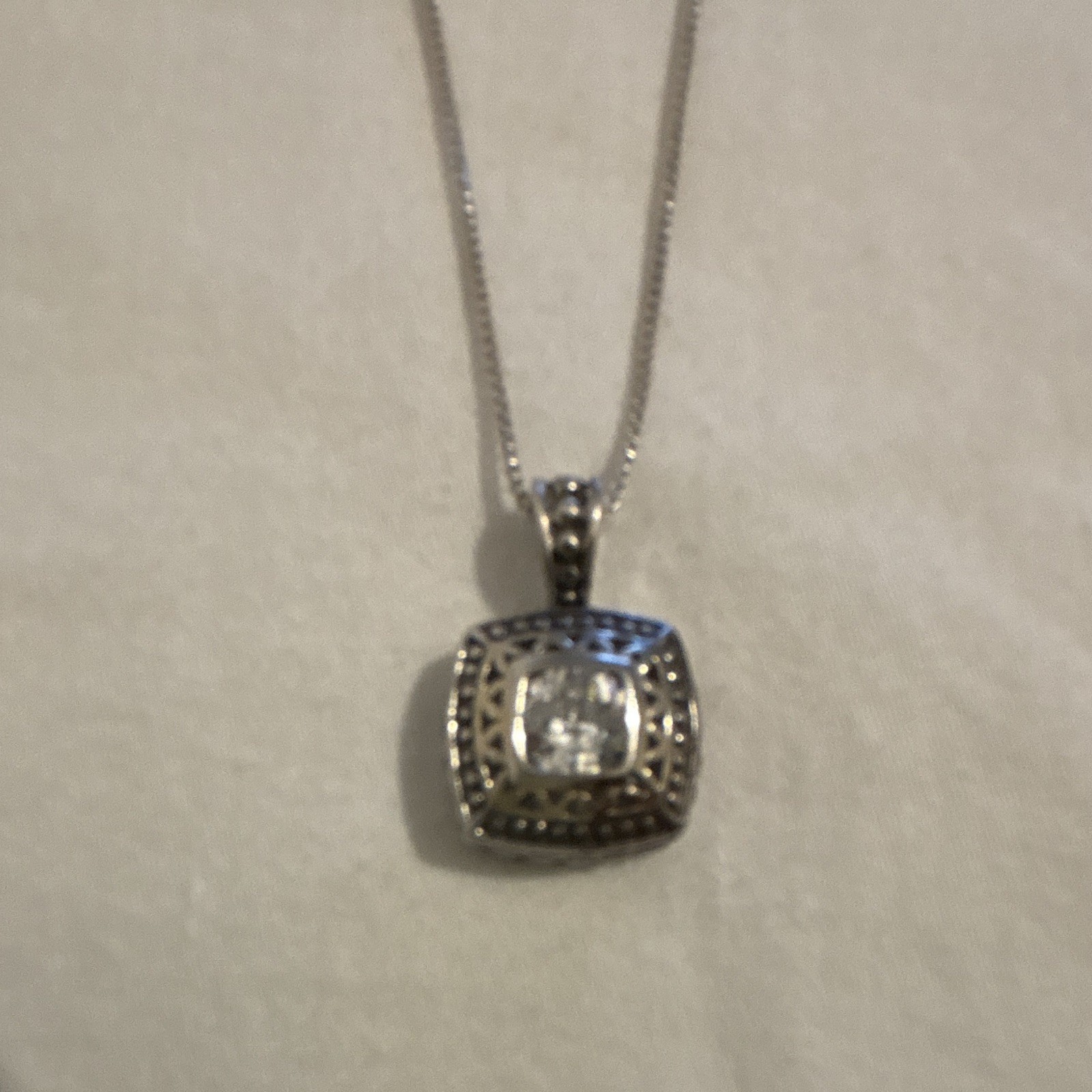 Silver Tone Box Chain Necklace with Square Bezel Cushion CZ Pendant, Marcasite