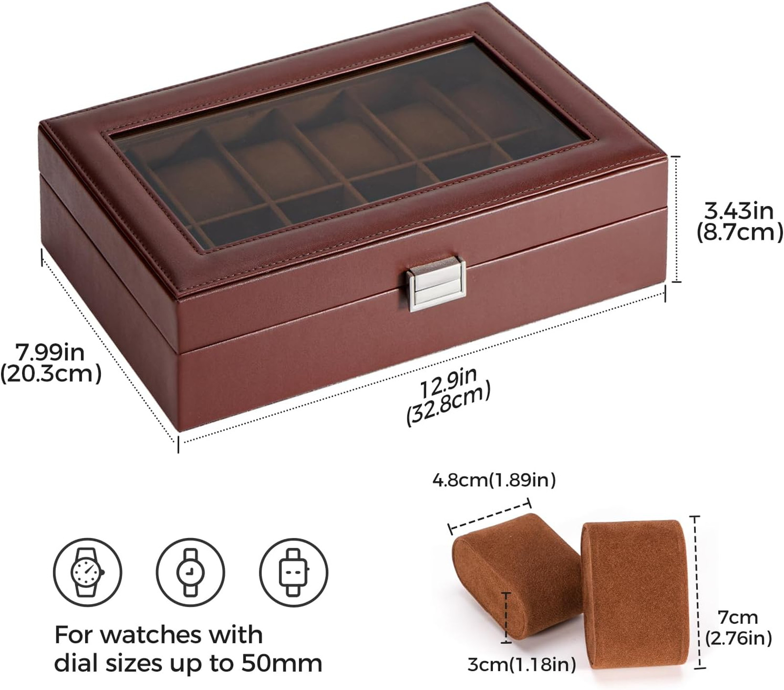 Watch Organizer Box with Glass Lid, 12 Slot Watch Display Case in Brown