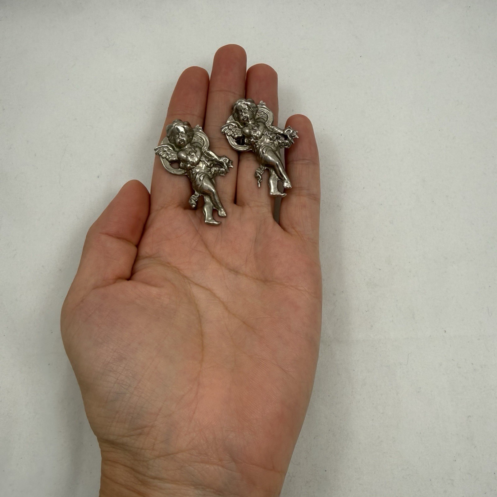 Vintage Pair Lot Of 2, 3D Angel Cherubs Sterling Silver Pendant Brooch 7.3 Grams
