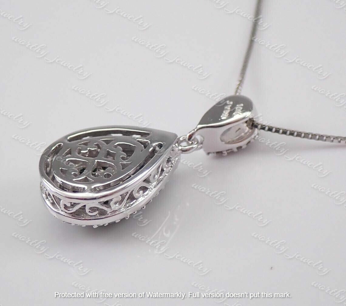 2Ct Round Cut Black Diamond Teardrop Pendant 14K White Gold Finish Free Chain