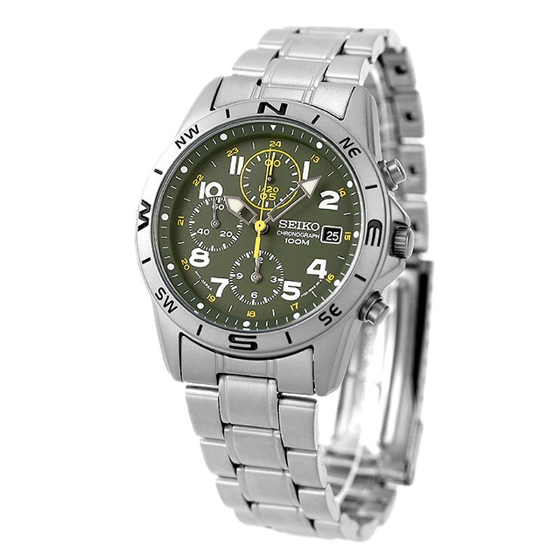 Seiko Chronograph SND377P1 SND377P Green Dial Stailess Steel Men Watch NEW BOX