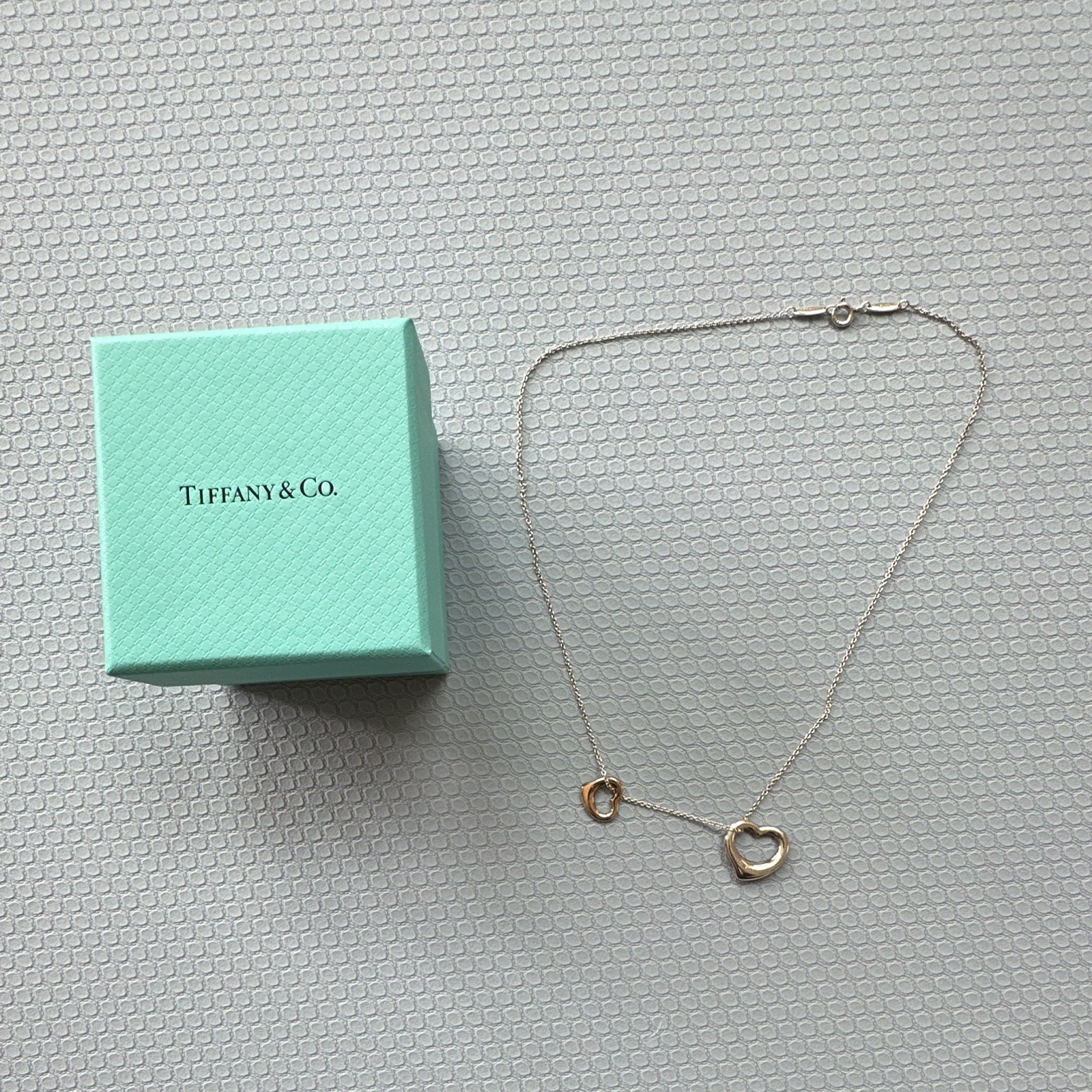 Tiffany & Co. Elsa Peretti Open Double Heart Gold Silver Pendant Necklace $1400