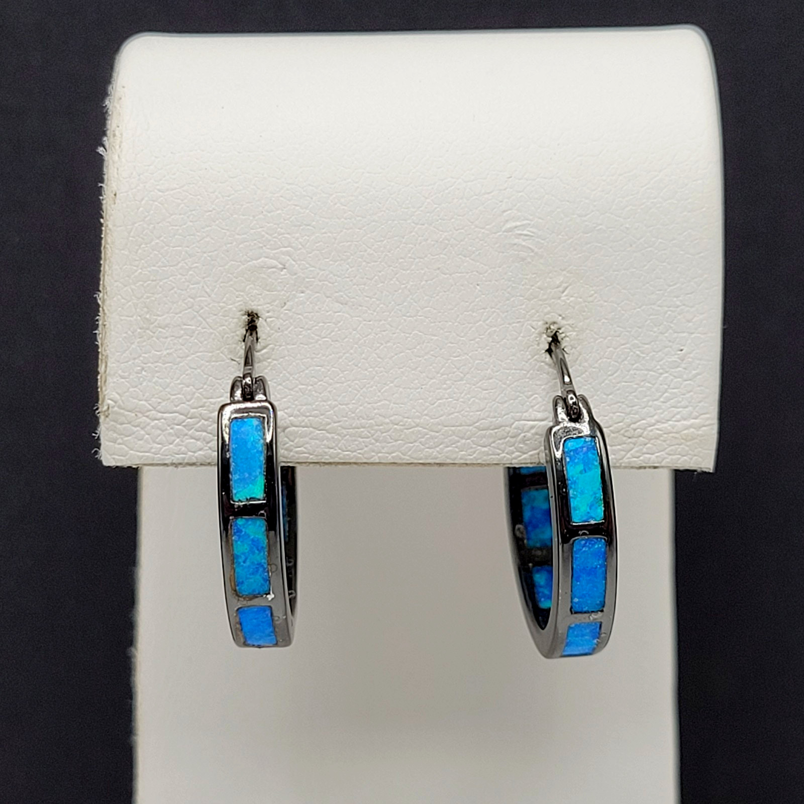 Blue Shade Opal Lab Created Inlay Dark Gunmetal Tone Small Hoop Pierced Earrings