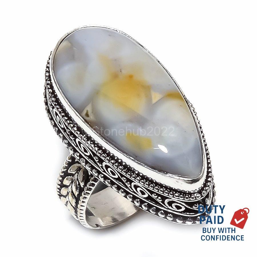 925 Silver Genuine Ocean Sea Jasper Sister Artisan Channel Set Boho Ring Jewelry