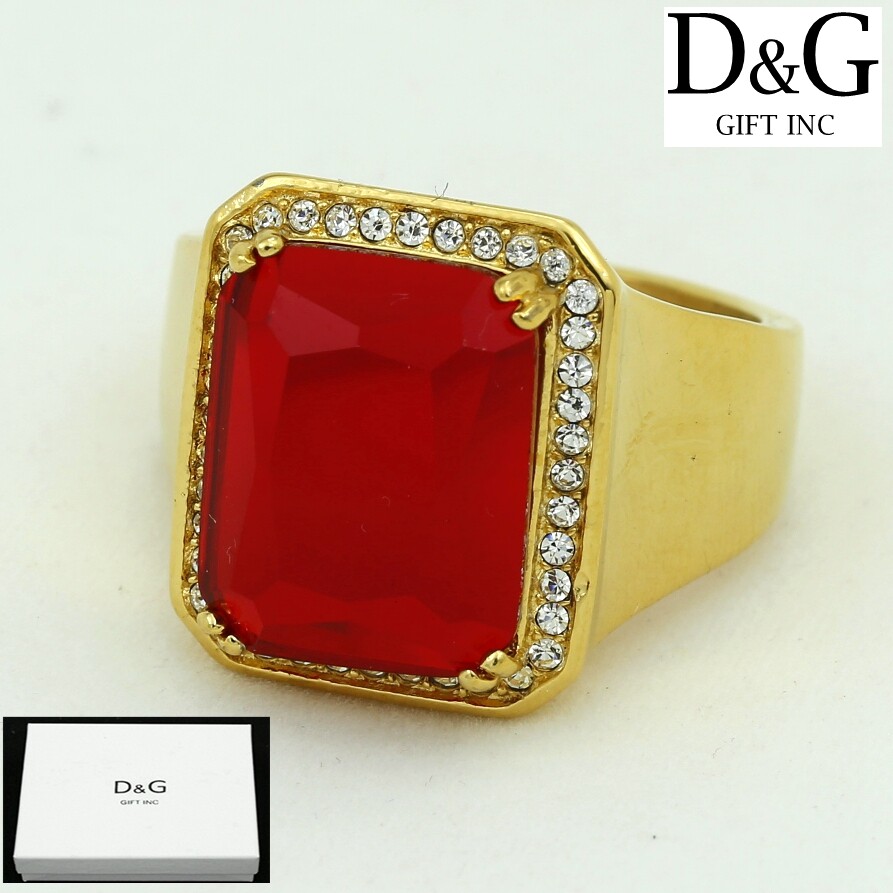 Men’s Stainless Steel RED Cubic Zirconia Square Rings #8 9-13 Gold plated Box
