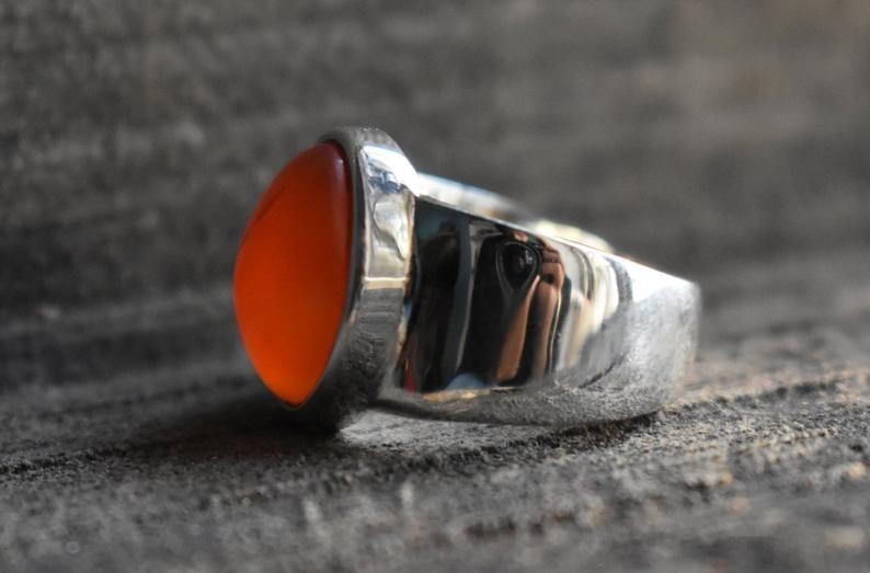 Solid 925 Sterling Silver Natural Red Carnelian Gemstone Men’s Unisex Band Ring