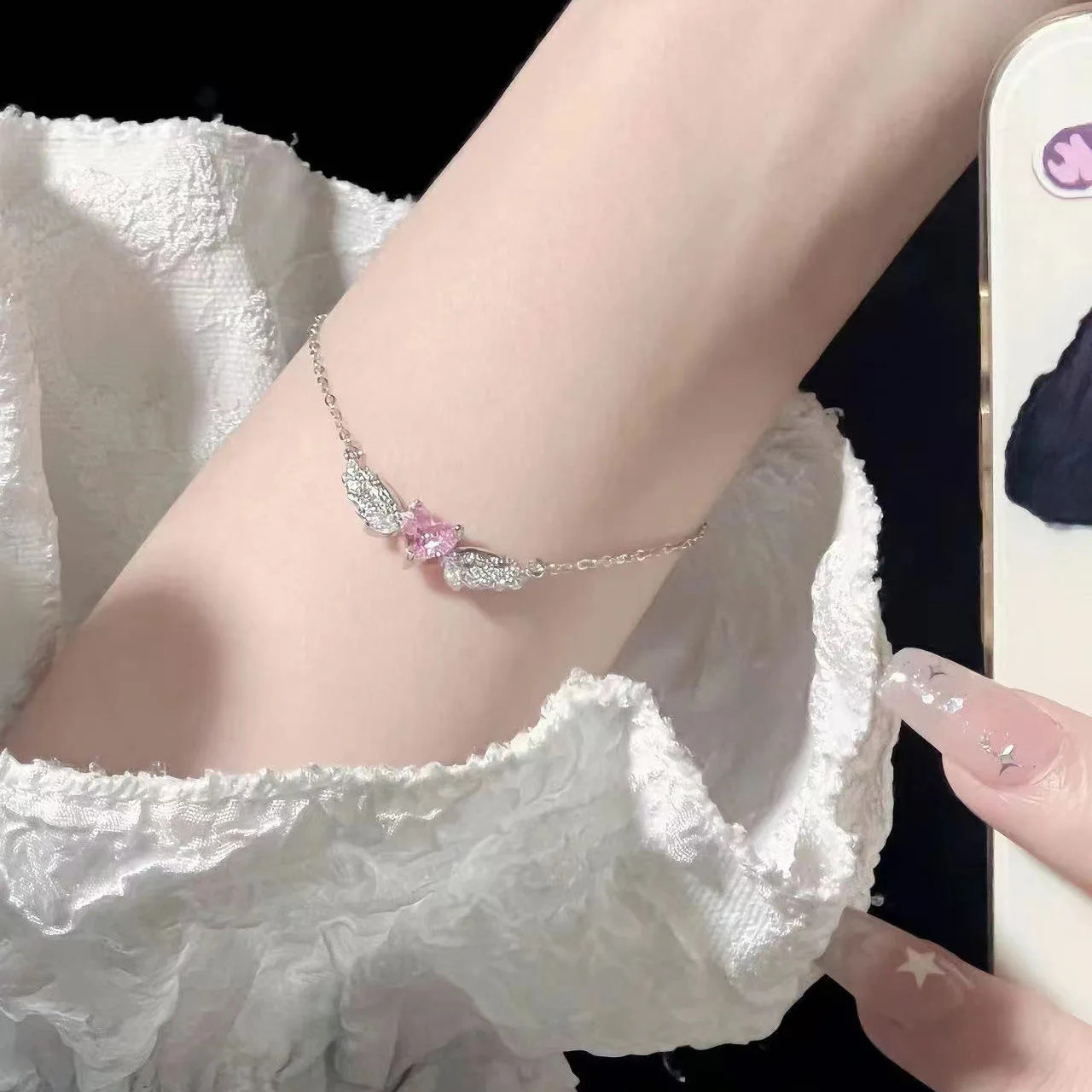 Crystal Angel Wings Pink Heart Pendant Necklace Women Clavicle Chain Choker