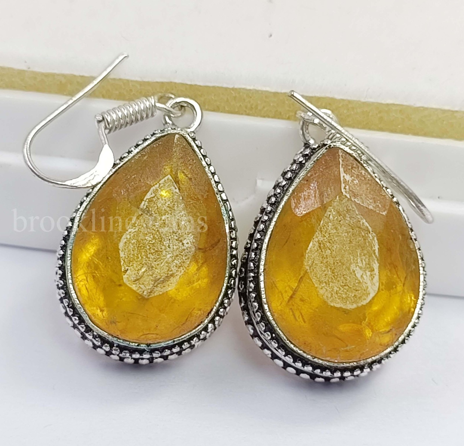 Lab Created 72.70 CT Yellow Sapphire Pear Cut Gems EGL 925 Silver Earring 5ADP