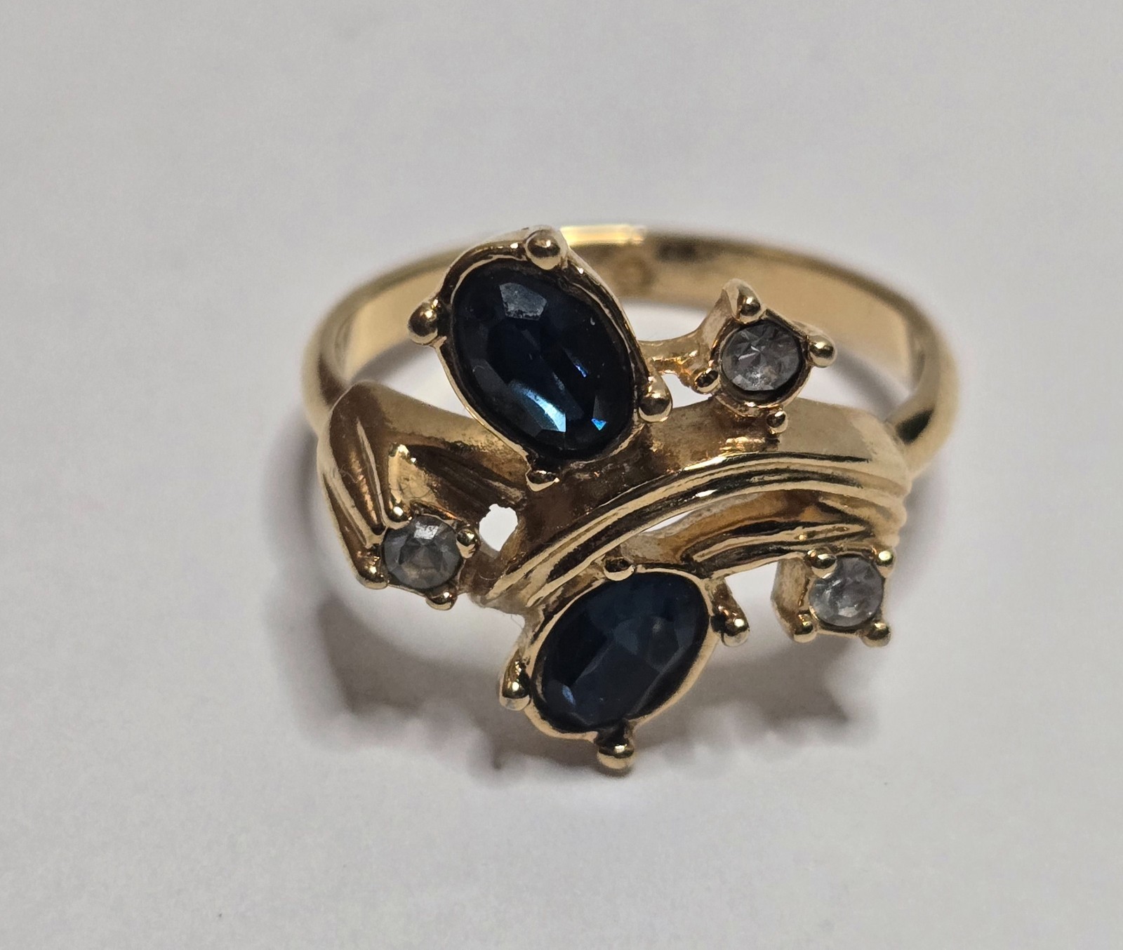 Vintage Gold-Tone Bypass Cocktail Ring w/ Blue and Clear Stones Size 9
